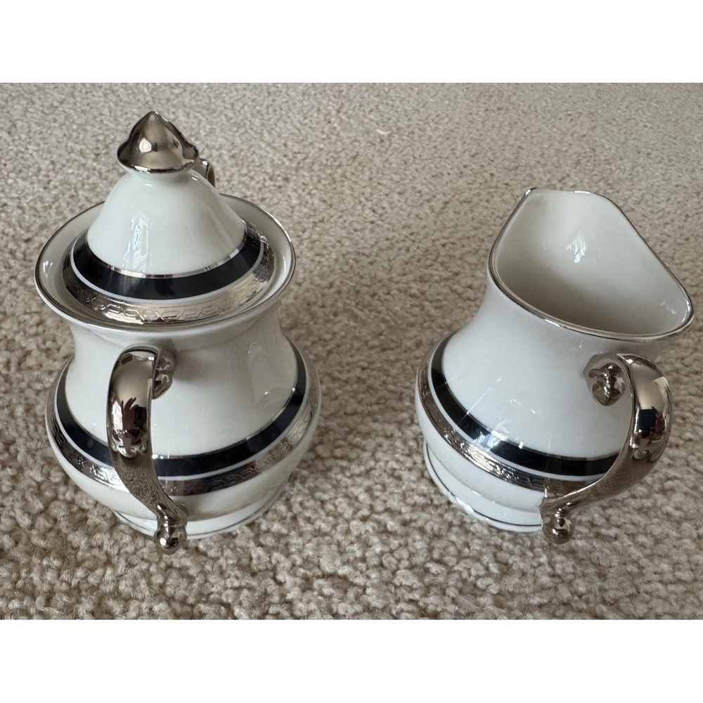 ⁠Pickard China Nocturne Creamer and Lidded Sugar Bowl Set Platinum Trim